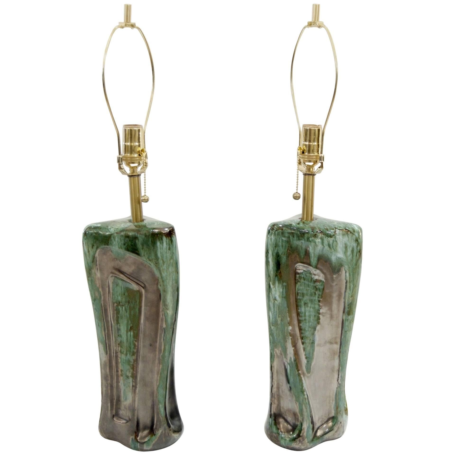 Pair of Green and Graphite Glazed Table Lamps by Kroywen Ceramics