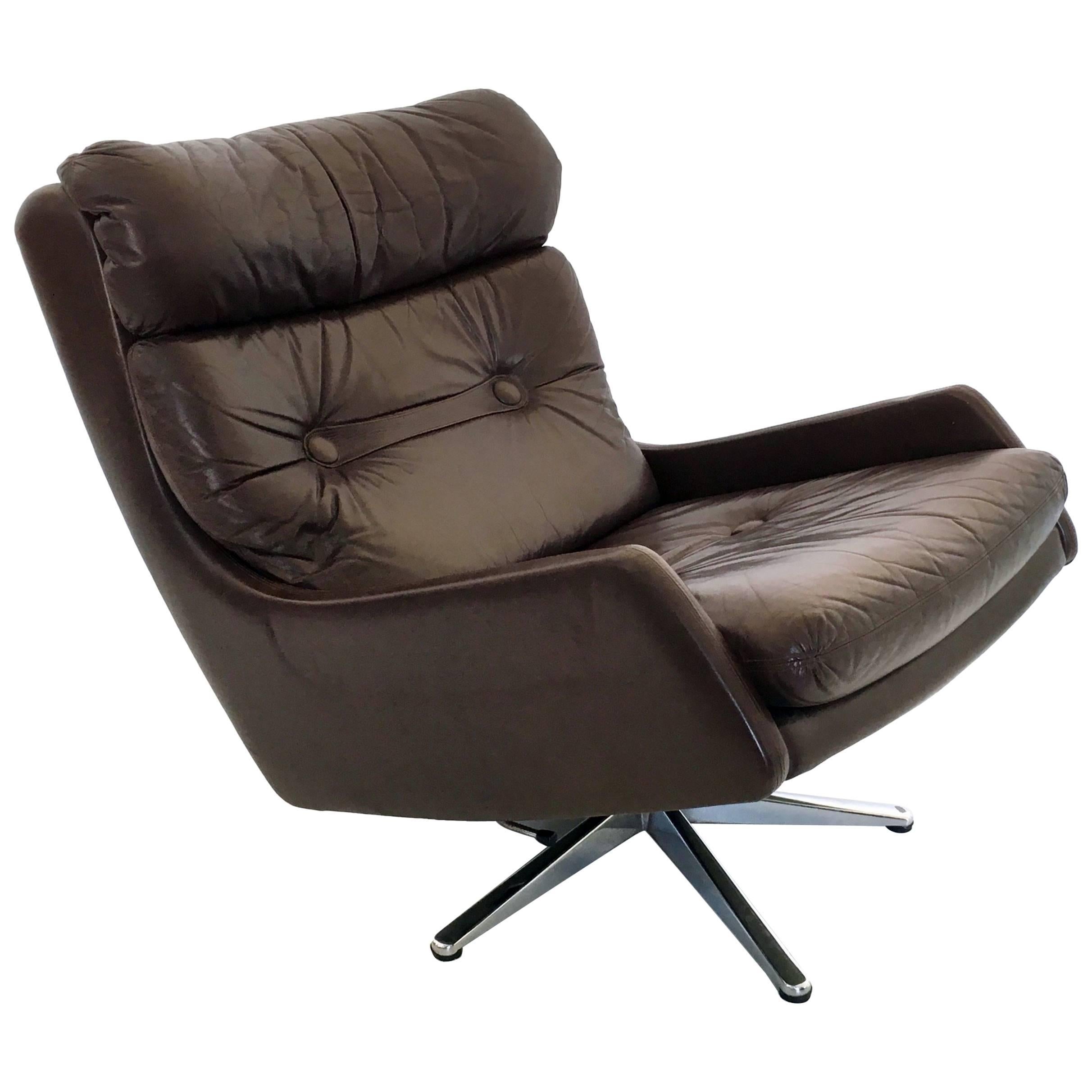 Leather Swivel Recliner, Italy, 1970s