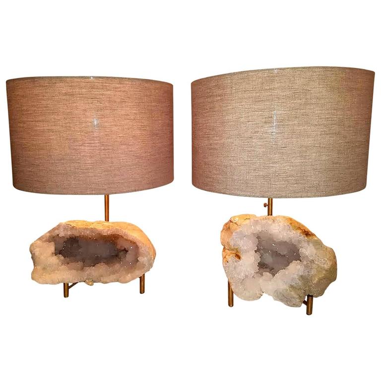 Beautiful Pair Of Rock Crystal Geode And Brushed Brass Lamps For Beautiful Pair Of Rock Crystal Geode And Brushed Brass Lamps For