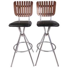 Pair of Mid-Century Modern Slat Back Swivel Bar Stools 3