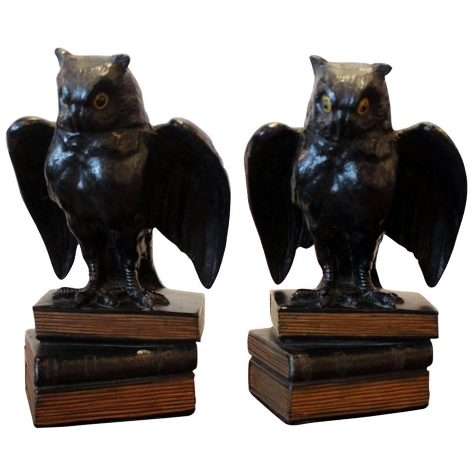 Pair of Bronze Finish Owl Bookends with Glass Eyes, circa 1920