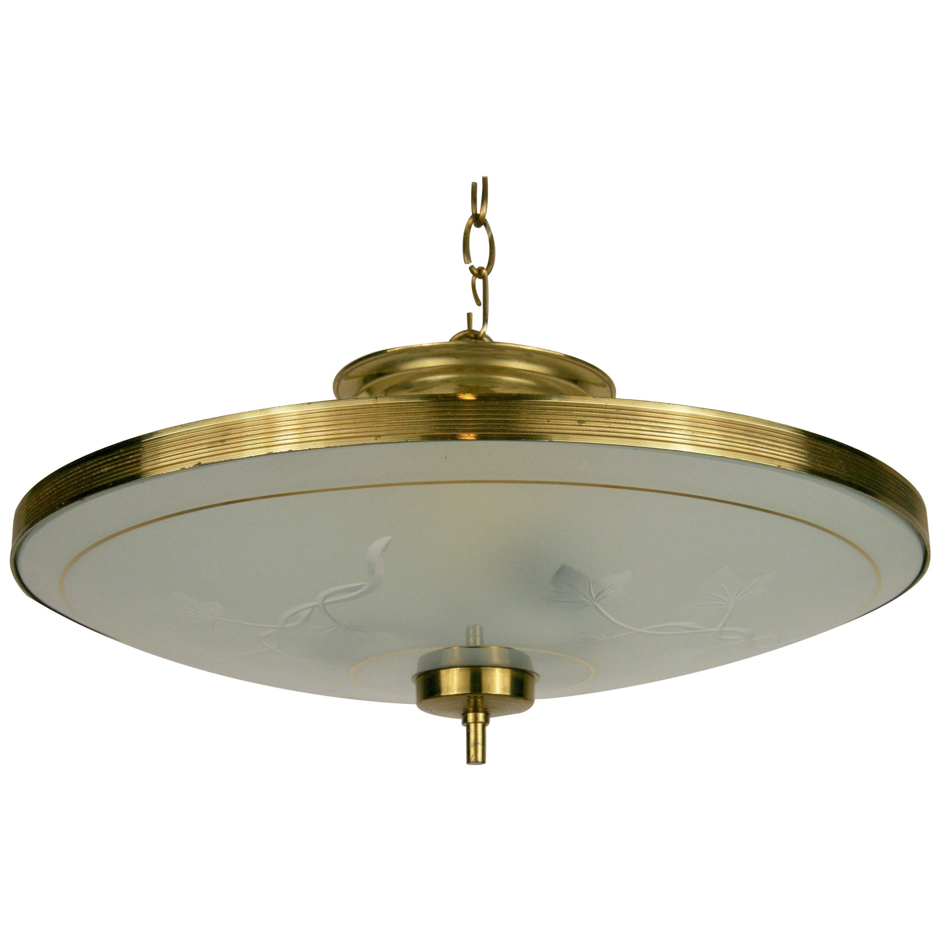 Italian Mid Century Etched glass and Brass Semi Flush Mount/Pendant For Sale
