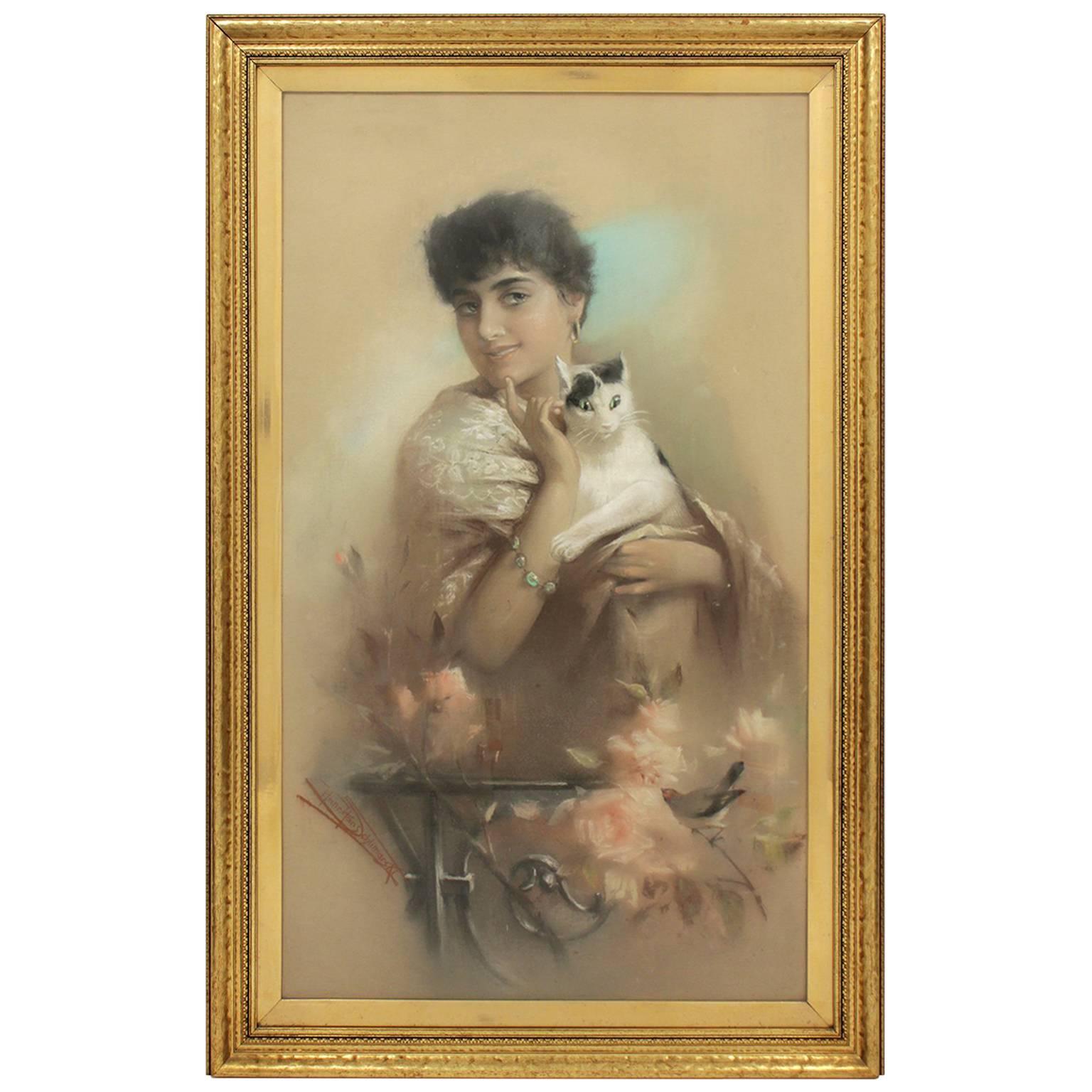 Antique Austrian Artist Heinrich Hans Schlimarski Lady with Cat Painting
