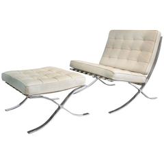Knoll Barcelona Chair and Matching Ottoman in Ivory Leather