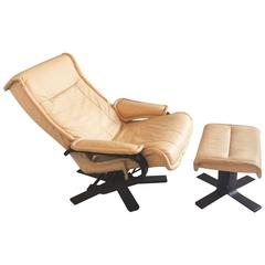 1970s Mid-Century Norwegian Leather Reclining Armchair and Footstool