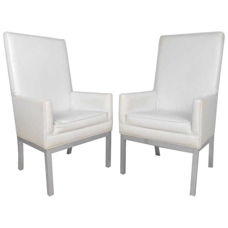 Pair of Vintage Modern High Back Vinyl Armchairs For Sale at 1stDibs