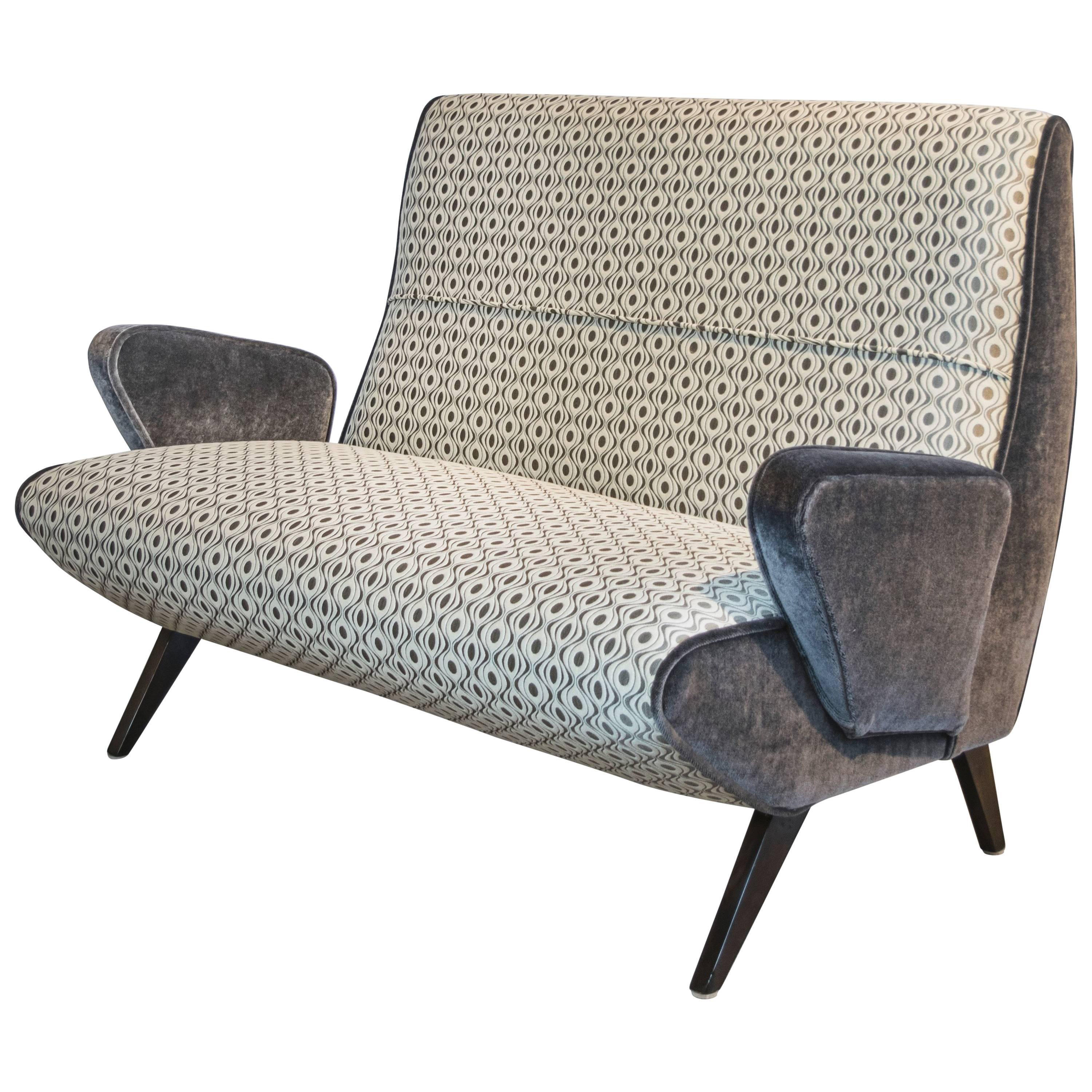 Mid-Century Italian Settee with Mohair and Geometric Fabric