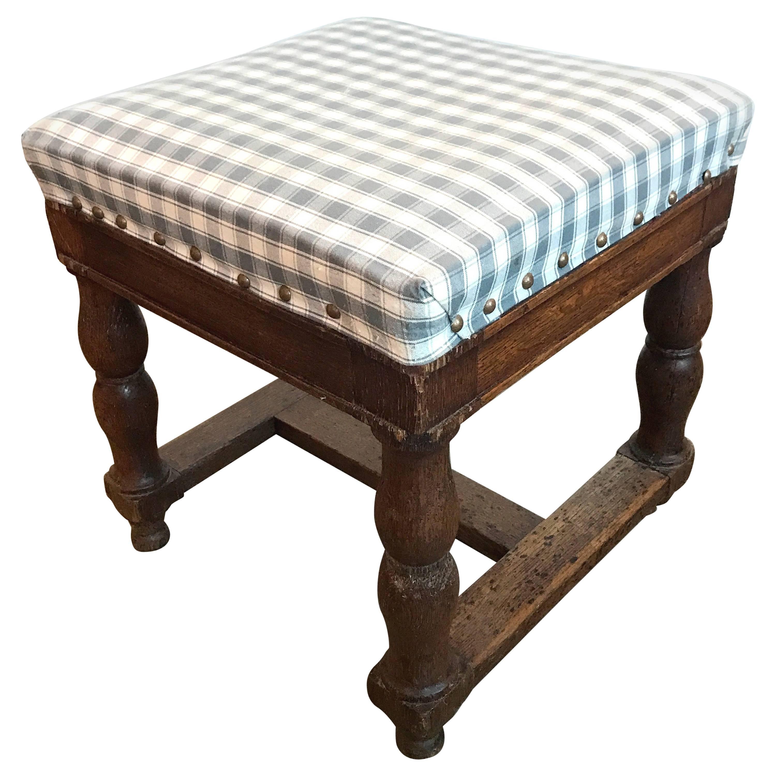 19th Century Upholstered Stool with Nailheads For Sale