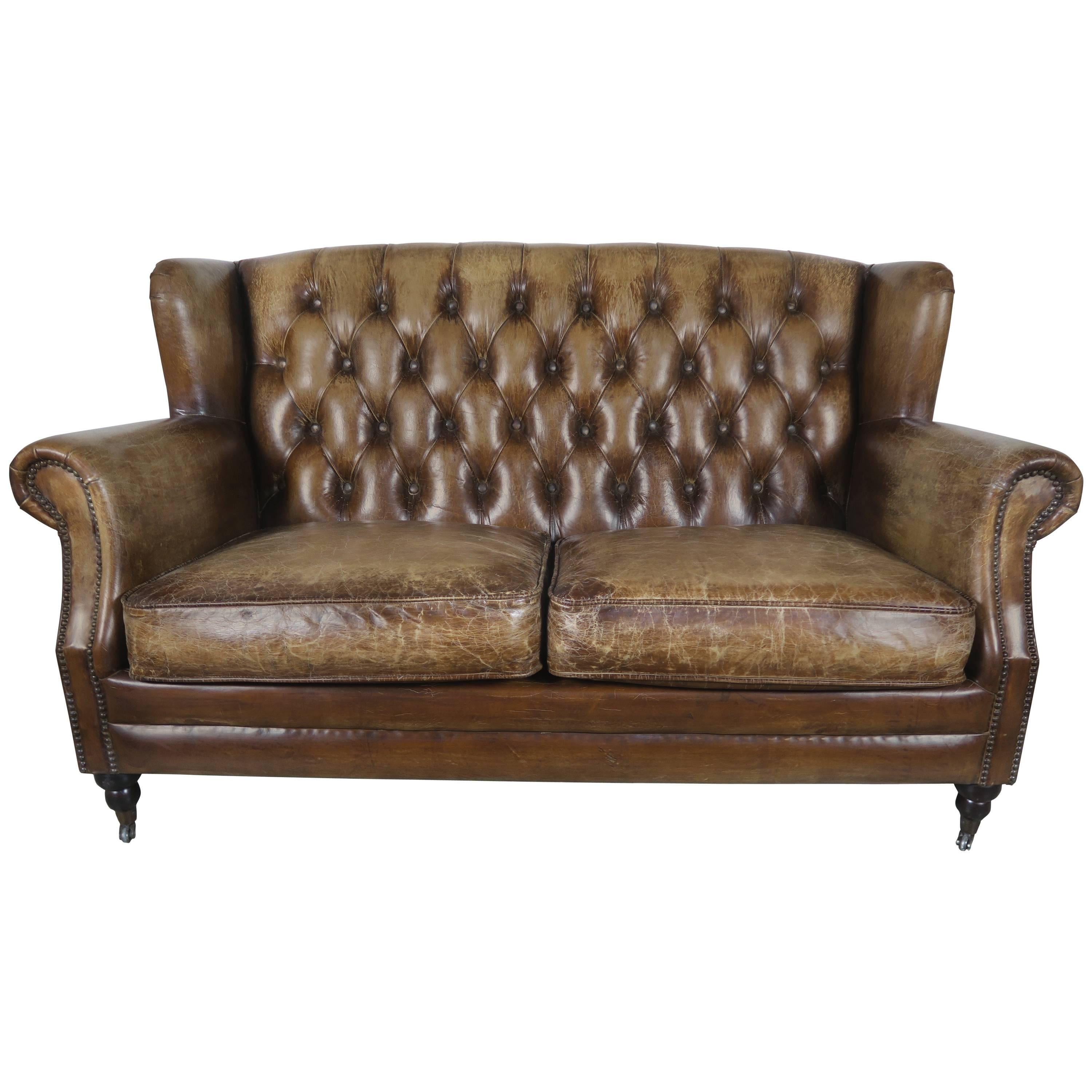 English Leather Tufted Sofa with Nailhead Trim Detail