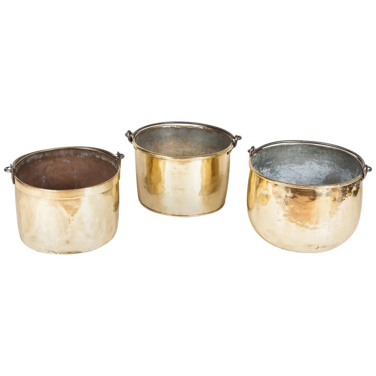 Two 19th Century Large Brass Pots with Iron Handles at 1stdibs