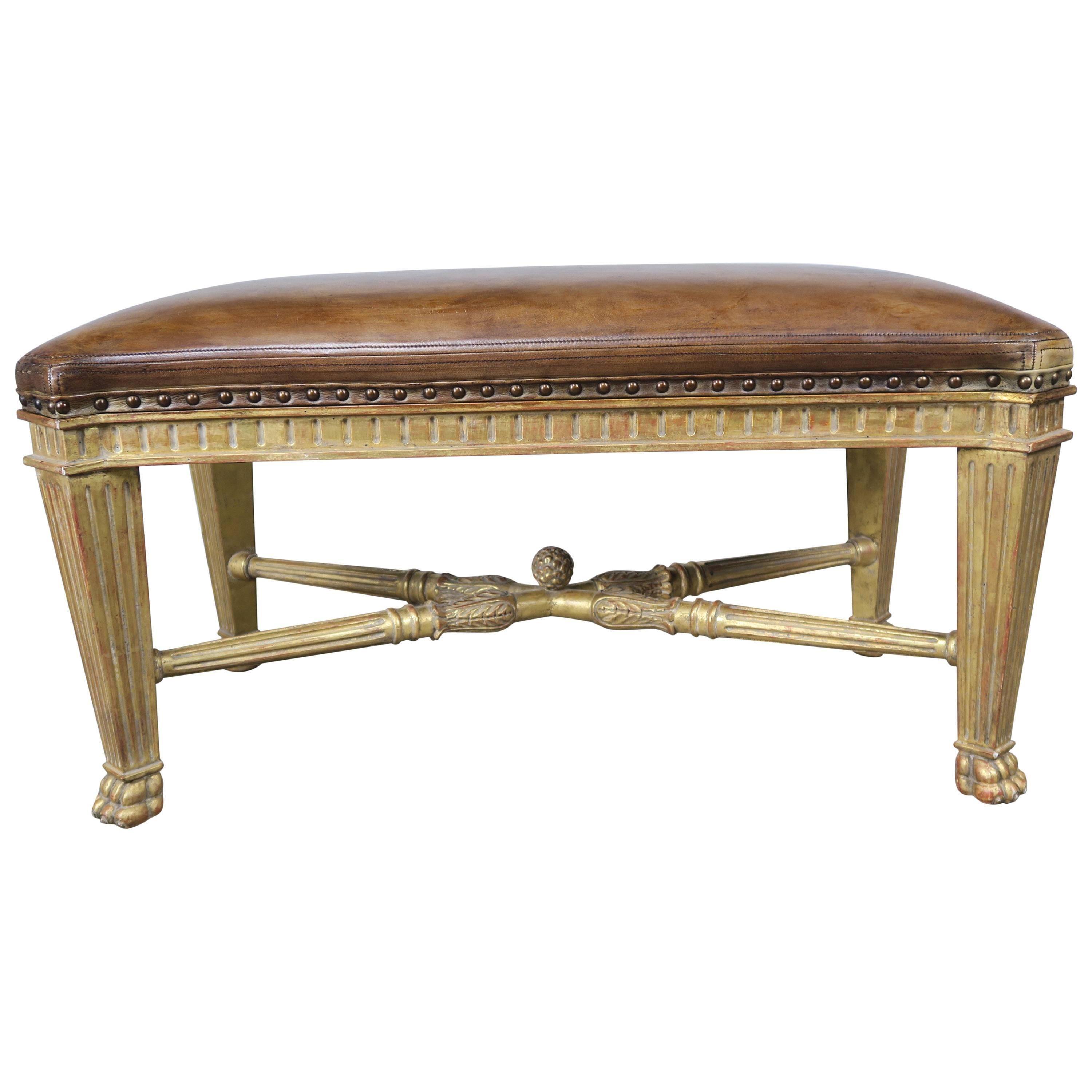 Leather Upholstered Gilt Wood Bench by Dennis & Leen