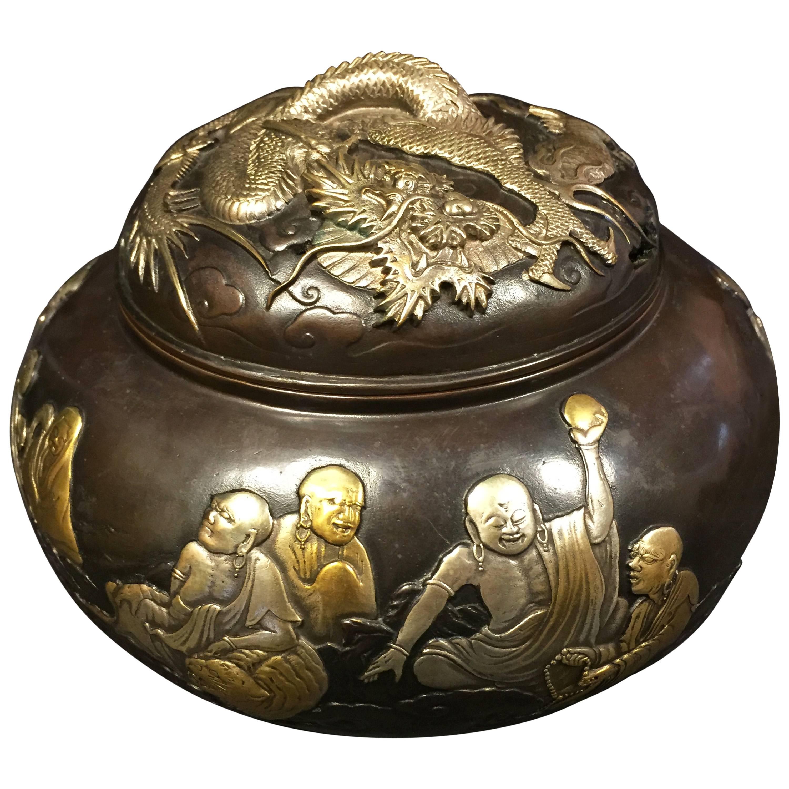  Fine Silver & Gold Bronze Buddha &  Dragon Censer, 1930 Mint Signed & Boxed