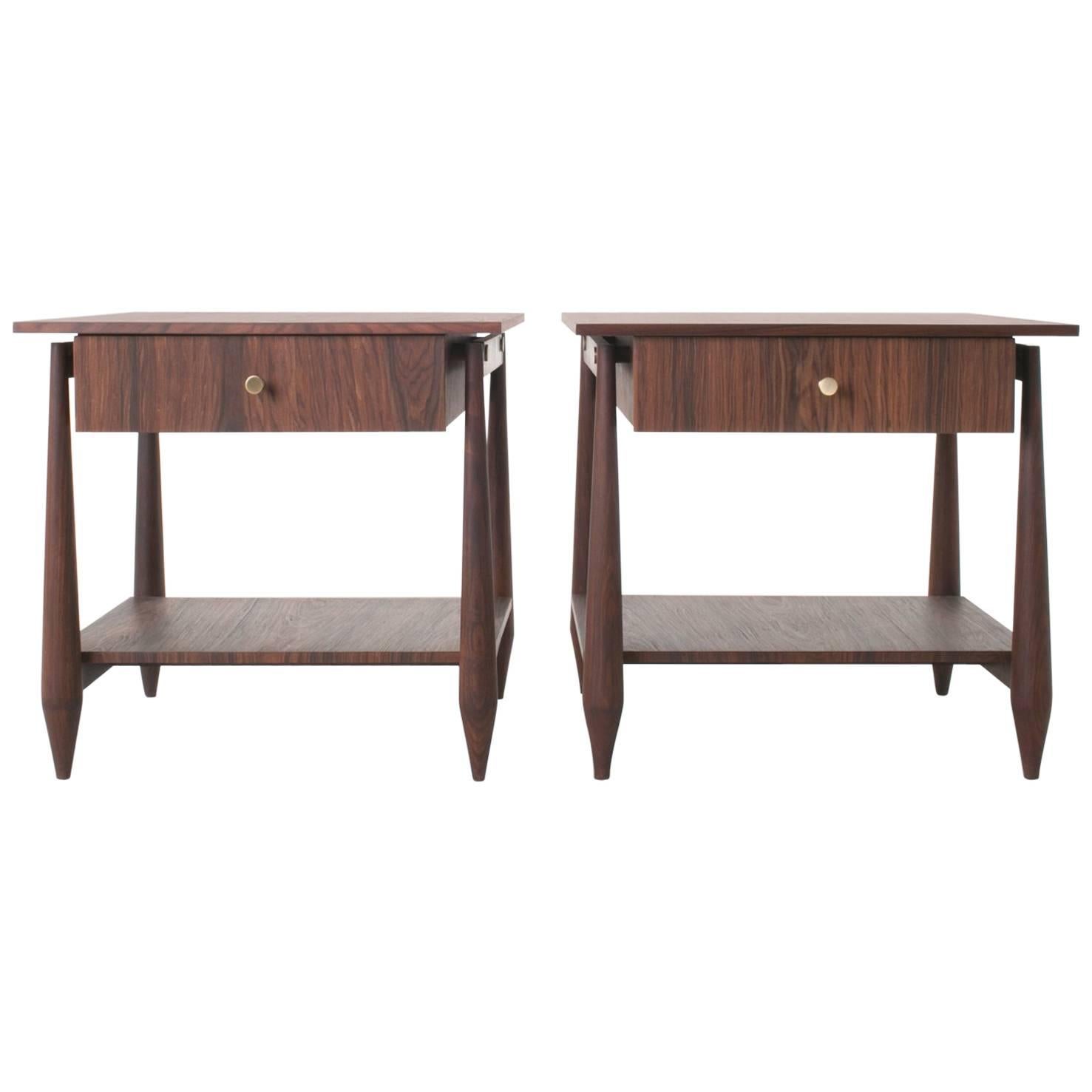 Pair of Brazilian Rosewood Nightstands with Sculptural Legs and Floating Drawer For Sale
