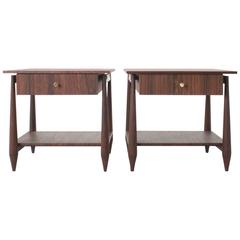 Pair of Brazilian Rosewood Nightstands with Sculptural Legs and Floating Drawer