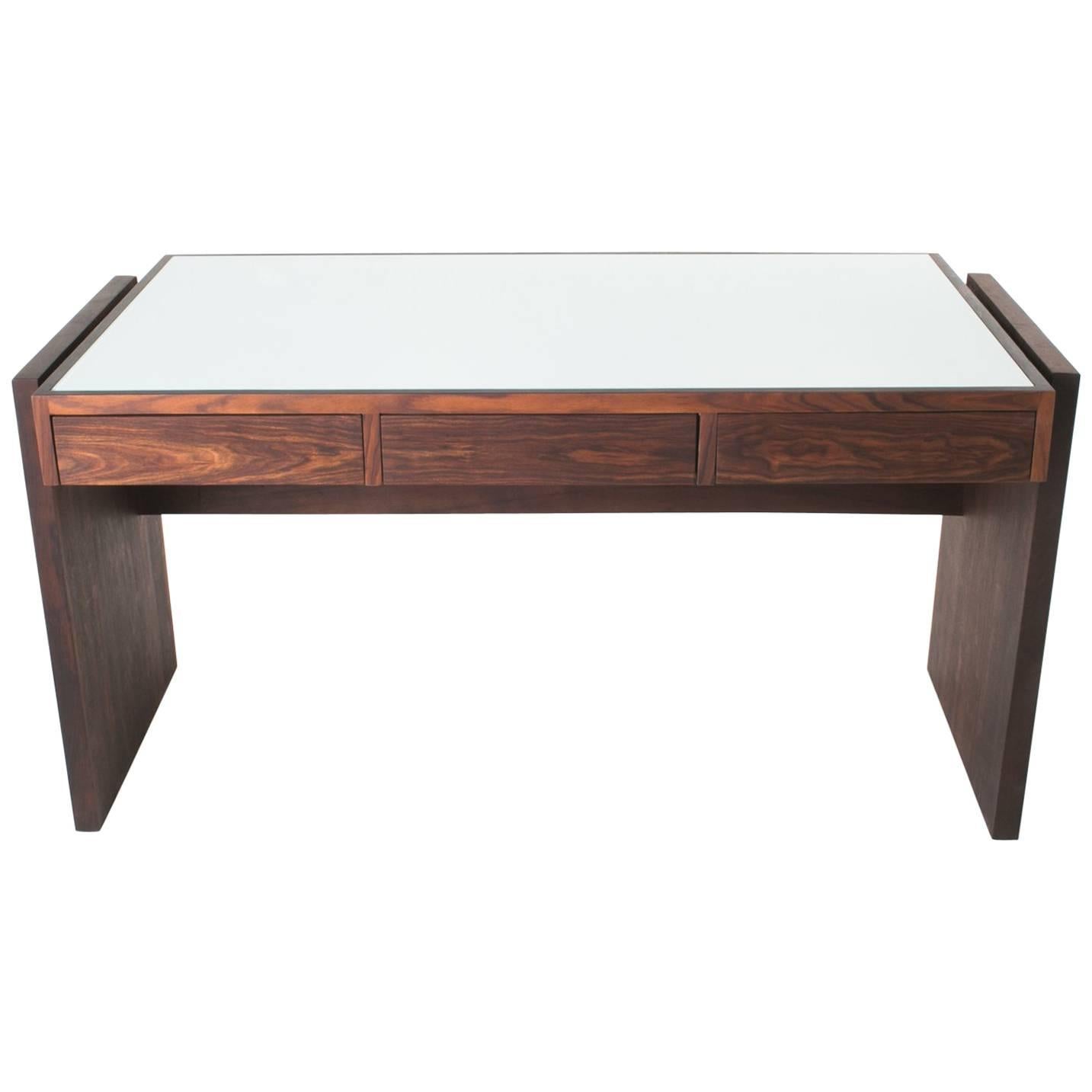 Joaquim Tenreiro Brazilian Hardwood Desk with White Reverse Painted Glass For Sale