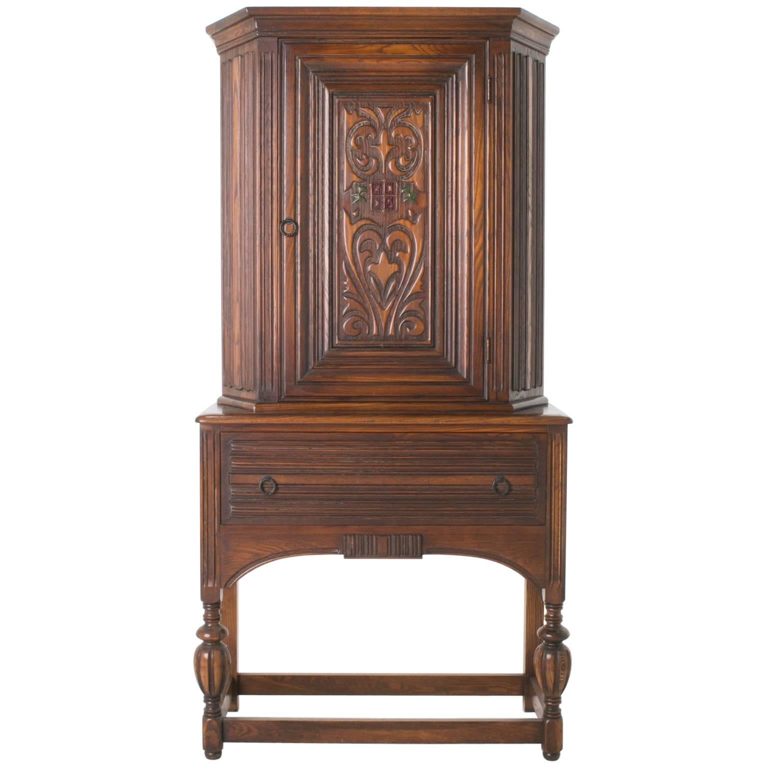 Arts and Crafts Alamo Oak Tall Armoire Cabinet with Linen Fold Side and Drawer For Sale