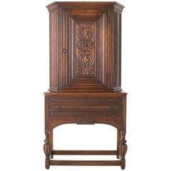 Arts and Crafts Alamo Oak Tall Armoire Cabinet with Linen Fold Side and Drawer