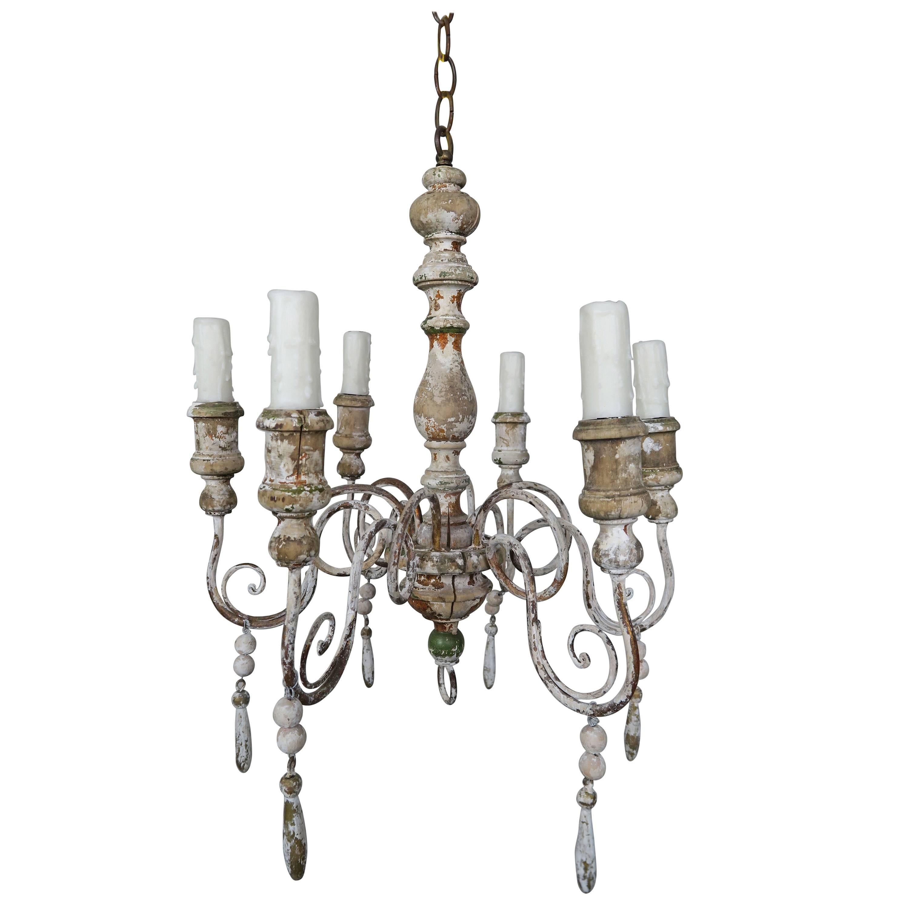 Six-Light Painted Wood and Iron Italian Chandelier