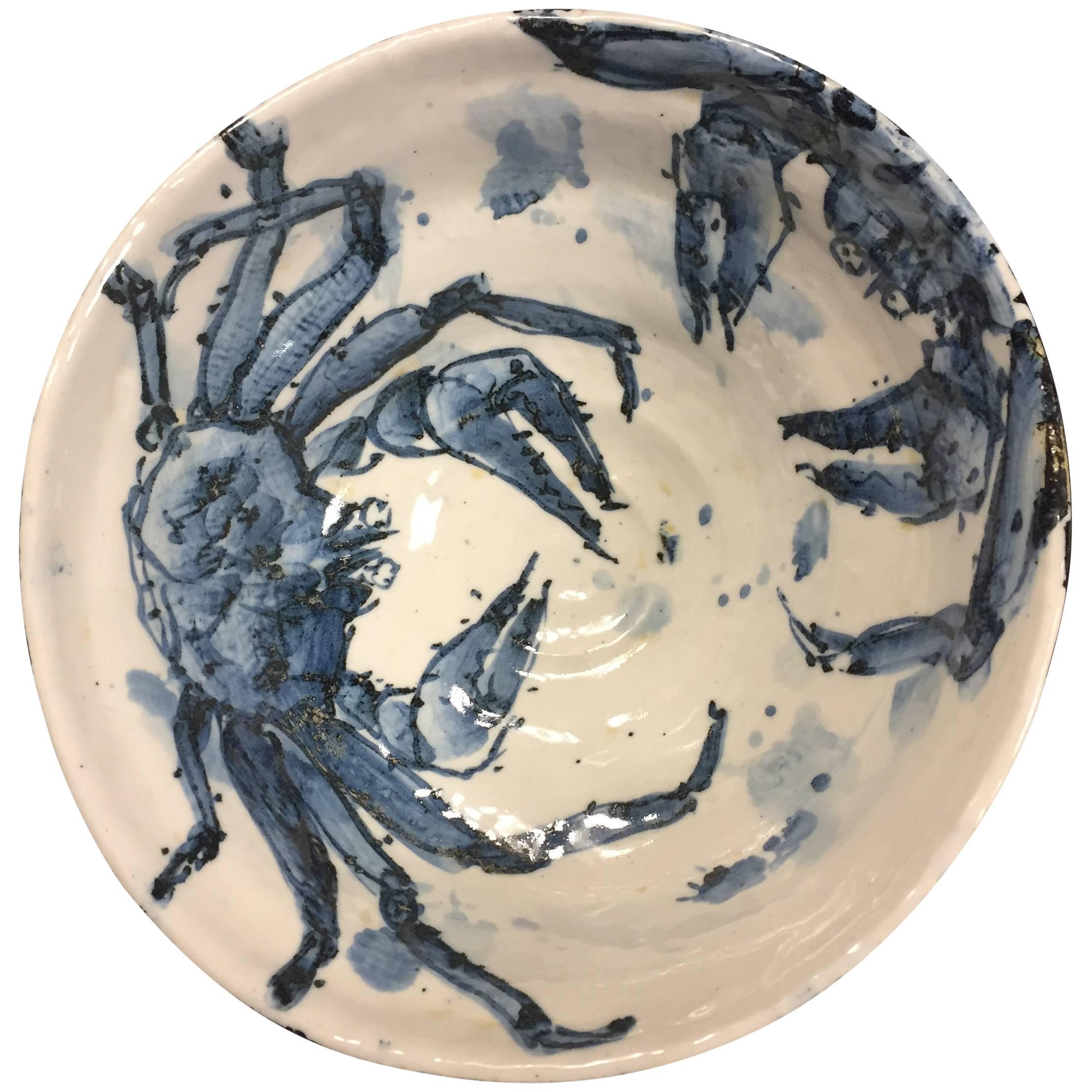 Important Japanese Hand-Painted Blue and White Crab Bowl Signed Kusube Yaichi