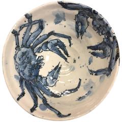 Used Important Japanese Hand-Painted Blue and White Crab Bowl Signed Kusube Yaichi