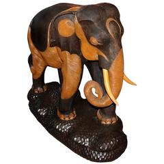 Hand-Carved and Painted Mahogany Wooden Elephant