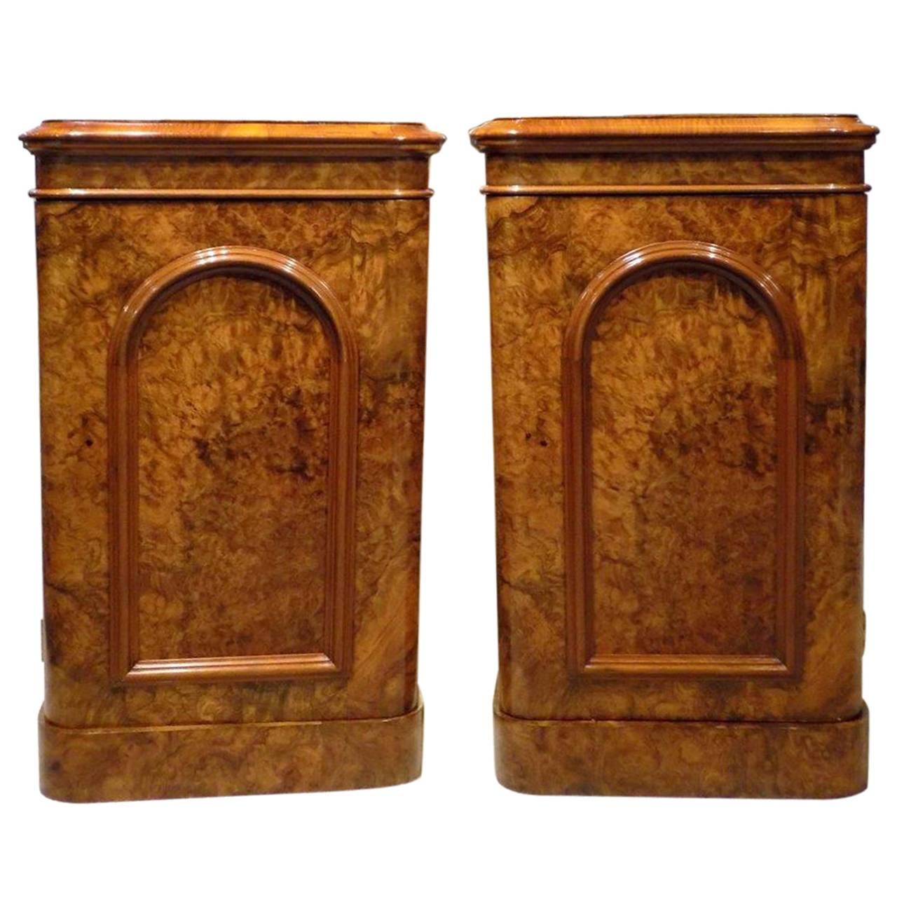 Pair of Burr Walnut Victorian Period Antique Bedside Cabinets