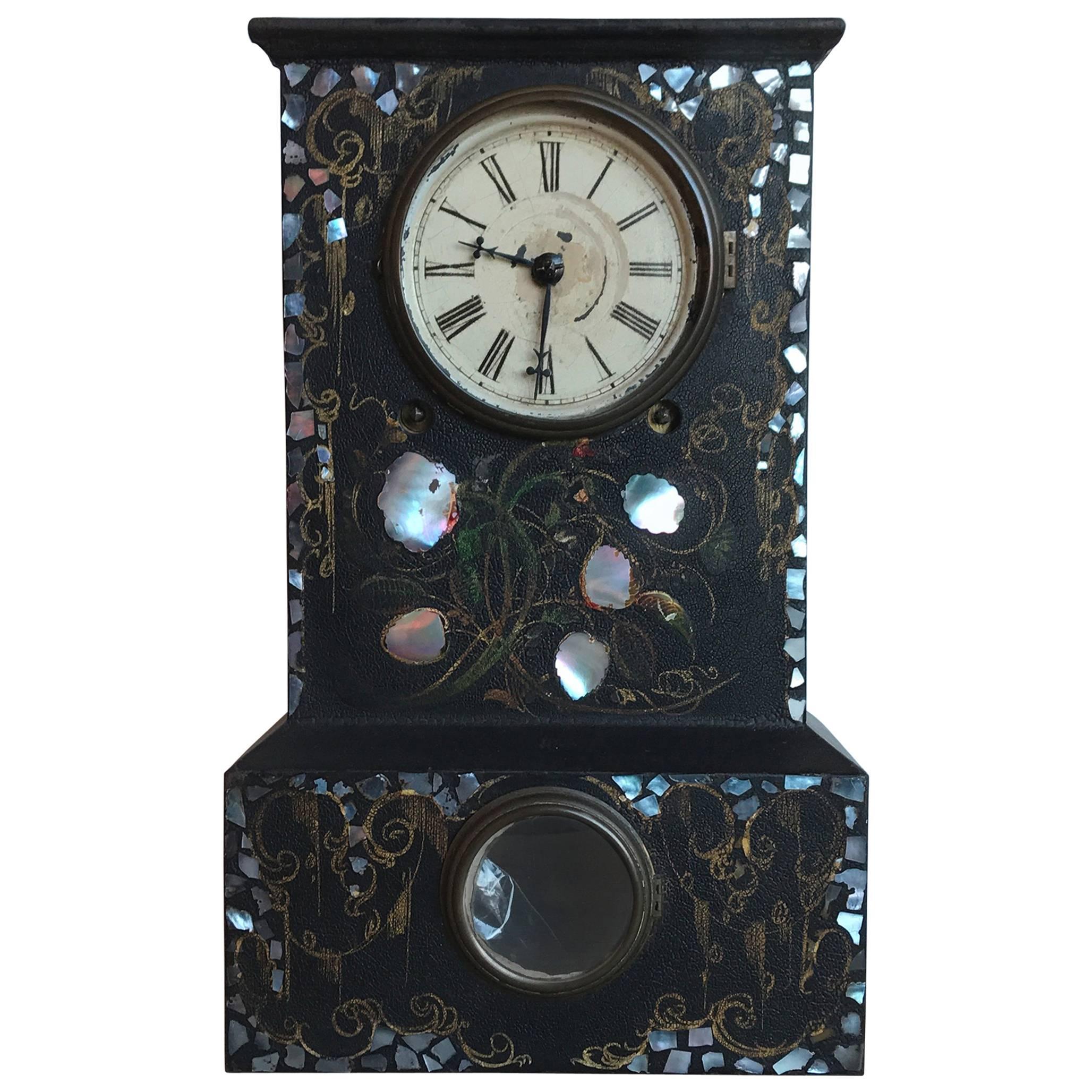 19th Century Iron Clock with Mother-of-Pearl Inlay For Sale