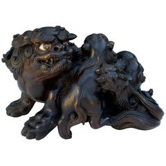 Japanese Wood sculpture Okimono of two lions
