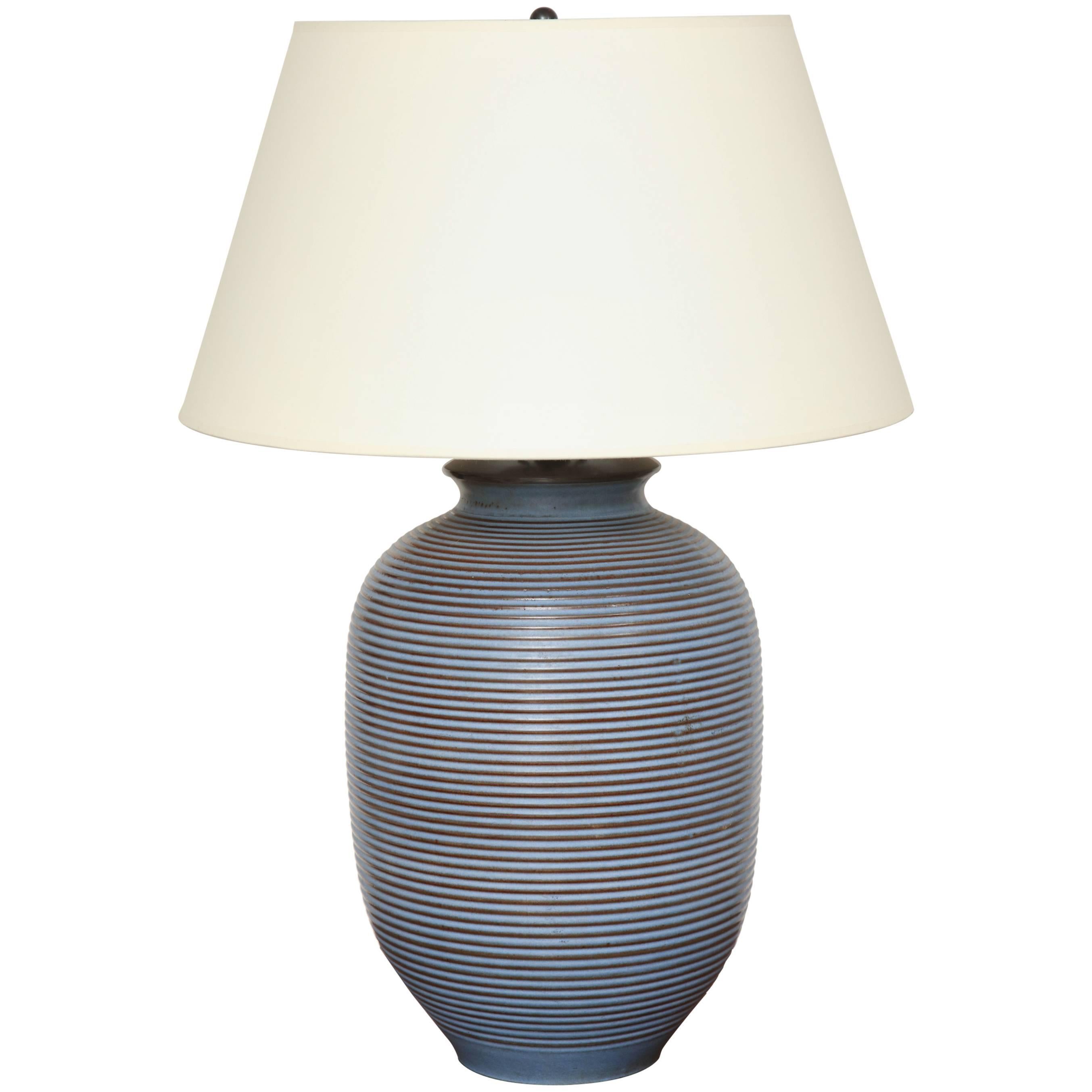 Large Blue and Brown Ceramic Table Lamp with Stripes