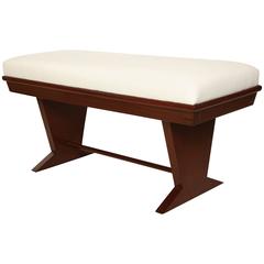 French Mahogany Bench with Stretcher and Upholstered Linen Seat, circa 1950