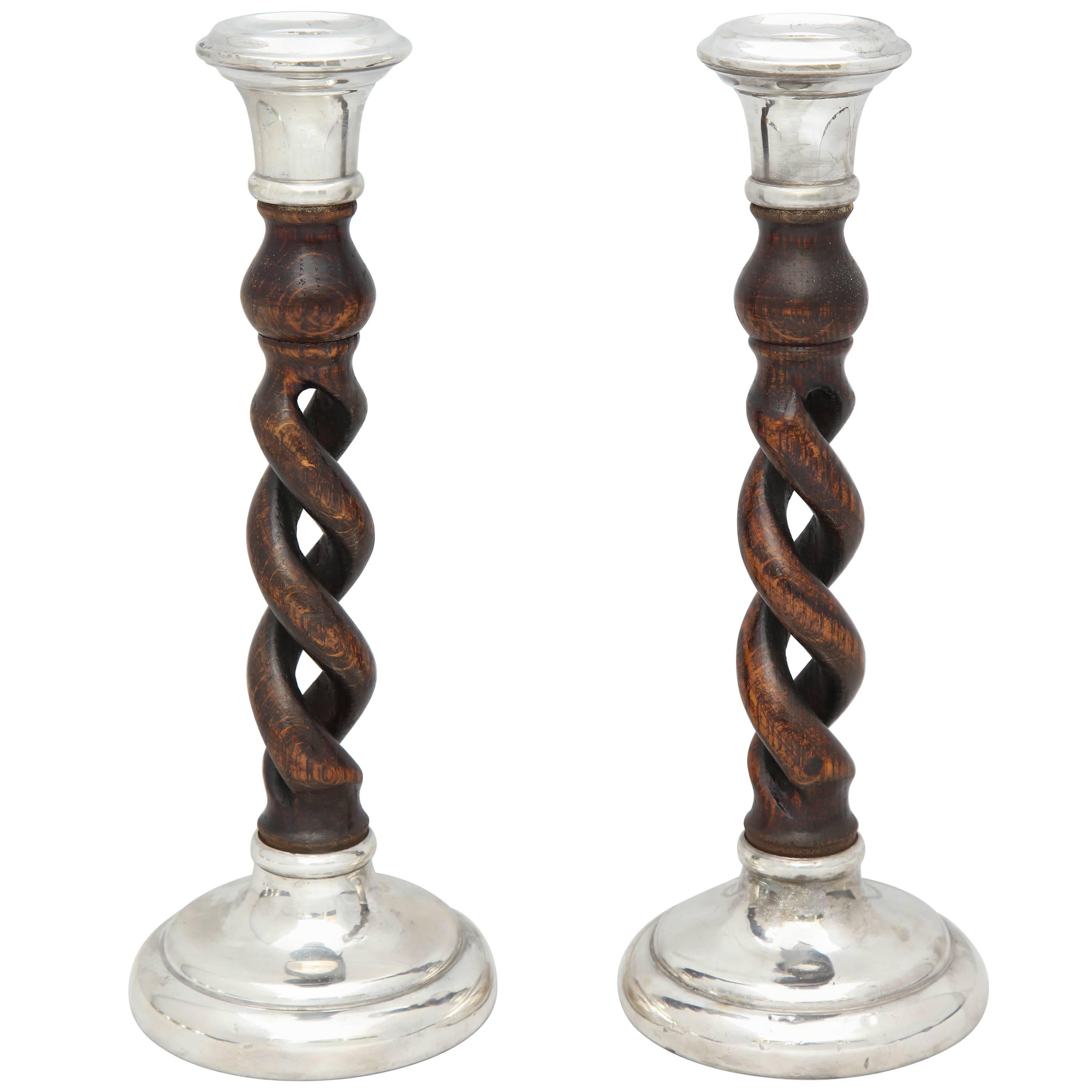 Pair of Arts & Crafts Sterling Silver-Mounted Barley Twist Wood Candlesticks