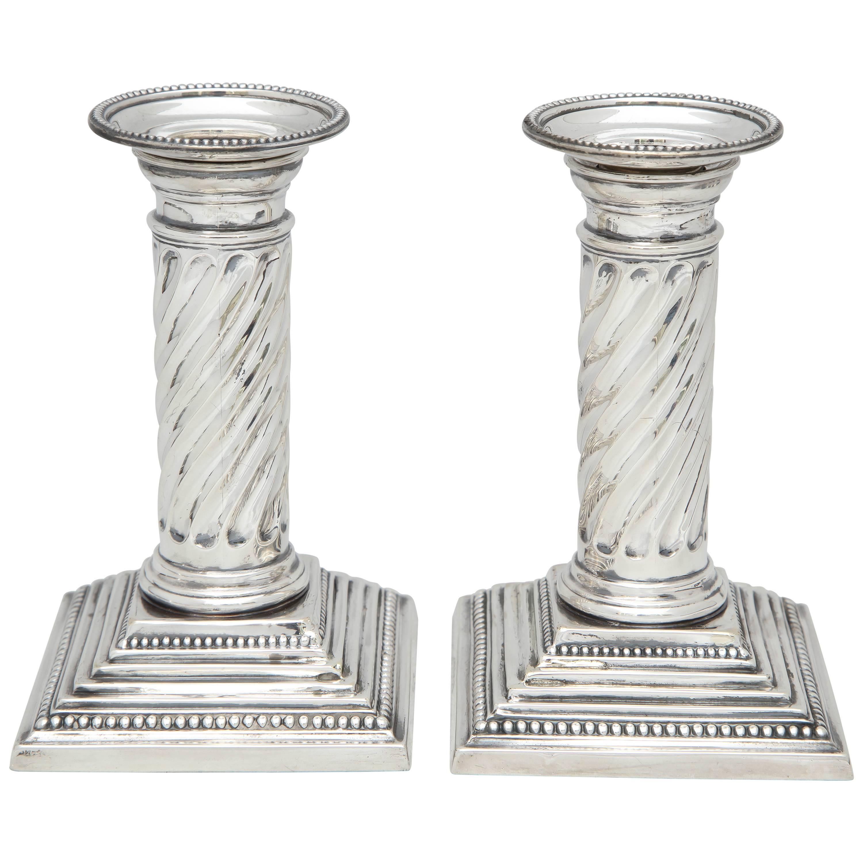 Pair of Edwardian Neoclassical Sterling Silver Column-Form Candlesticks