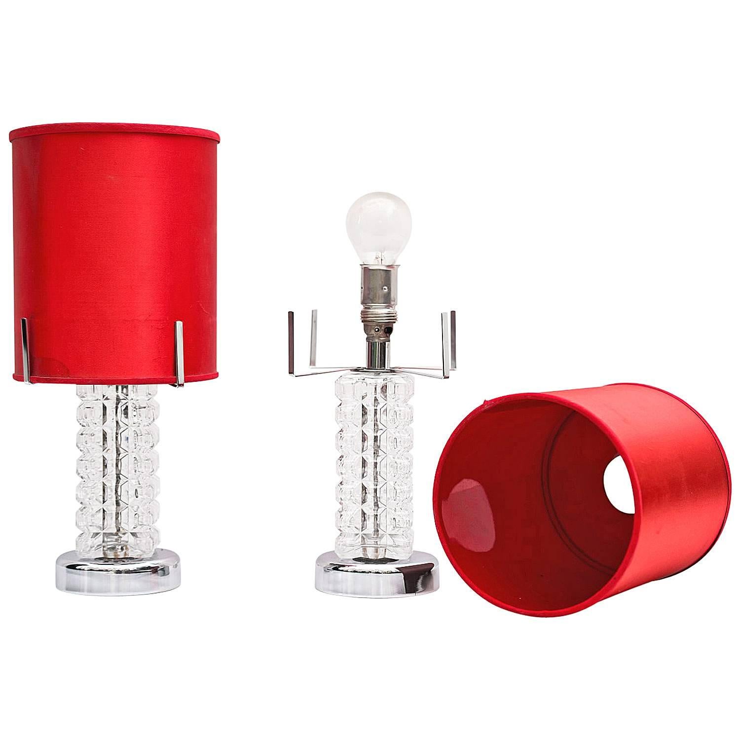 Two Austrolux Table Lamps with Original Red Fabric Shade For Sale