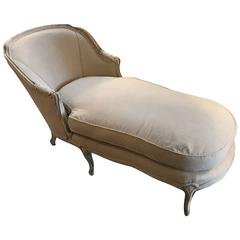 Antique French Linen Chaise Longue with Scrubbed Painted Frame
