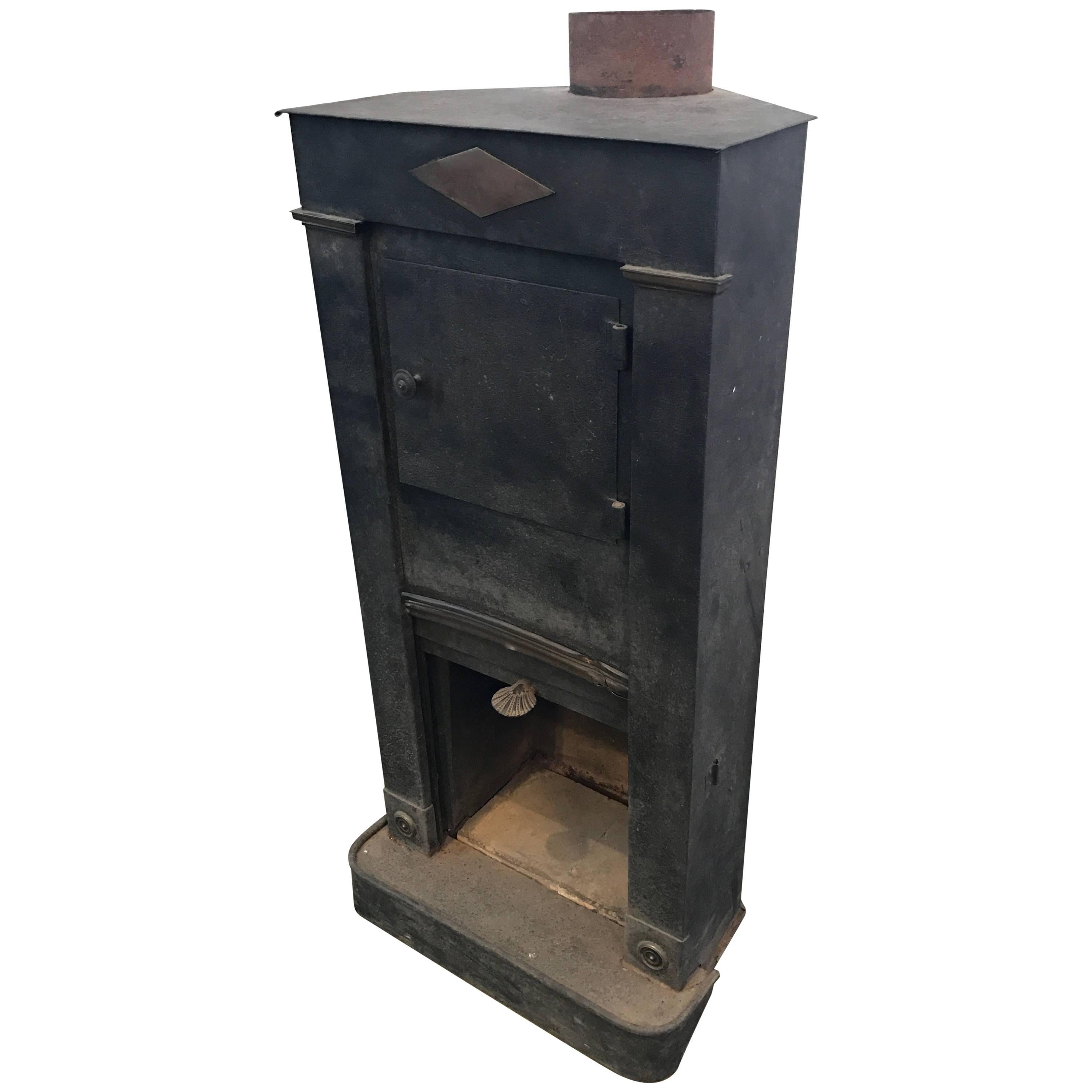 Early 19th Century Iron Wood Burning Corner Stove For Sale