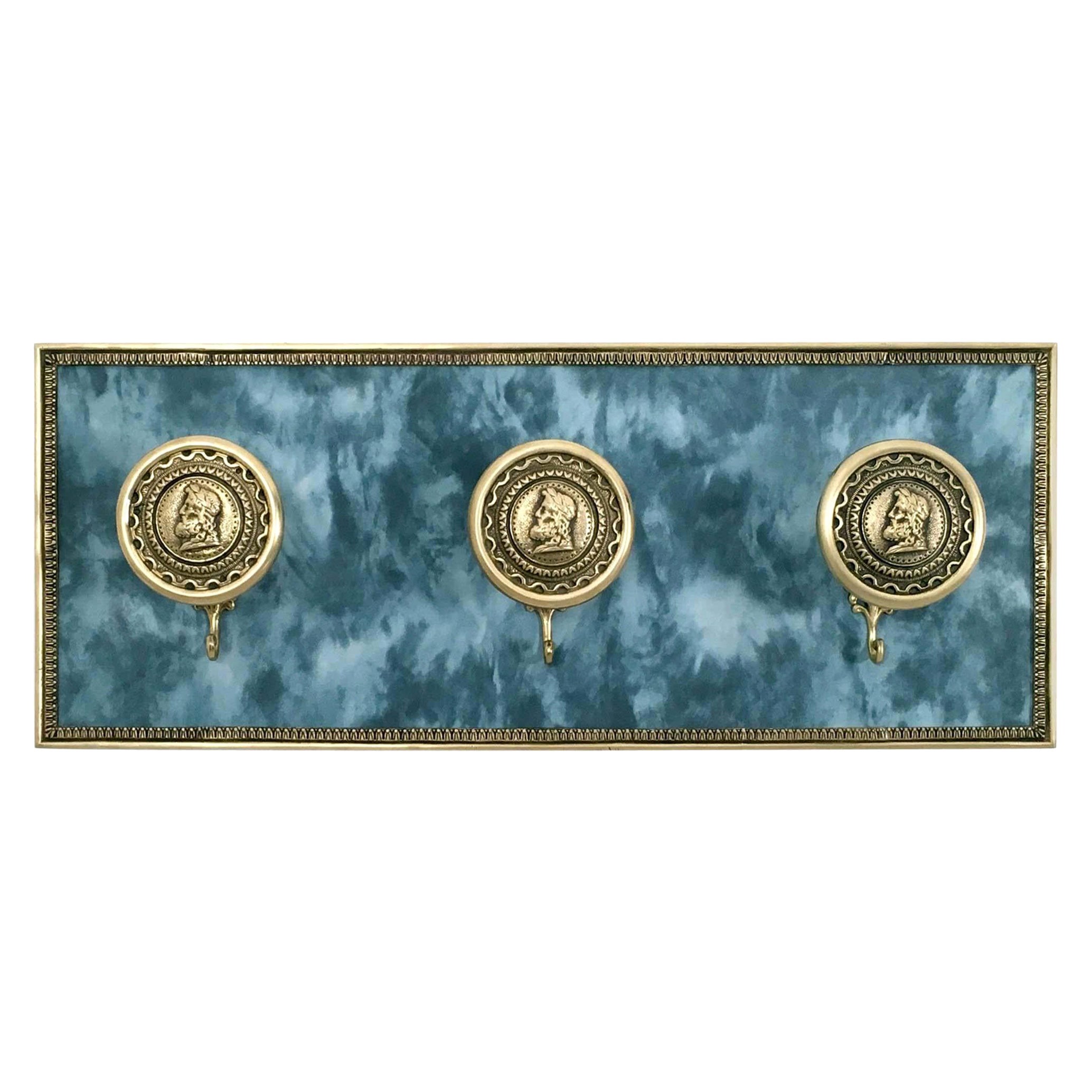 Vintage Blue Fabric and Brass Wall-Mounted Coat Hook, Italy