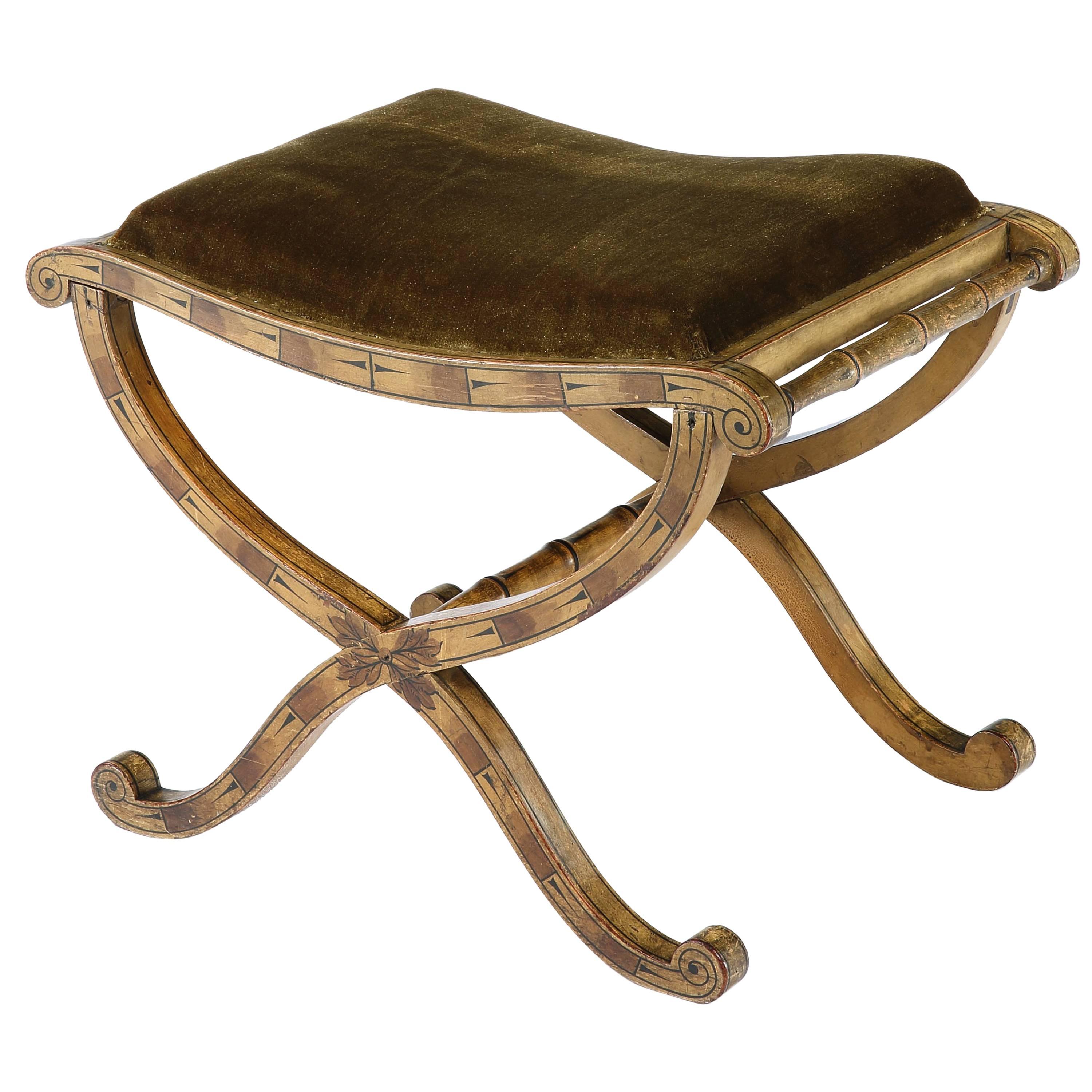 Regency Painted and Upholstered X-Frame Stool For Sale