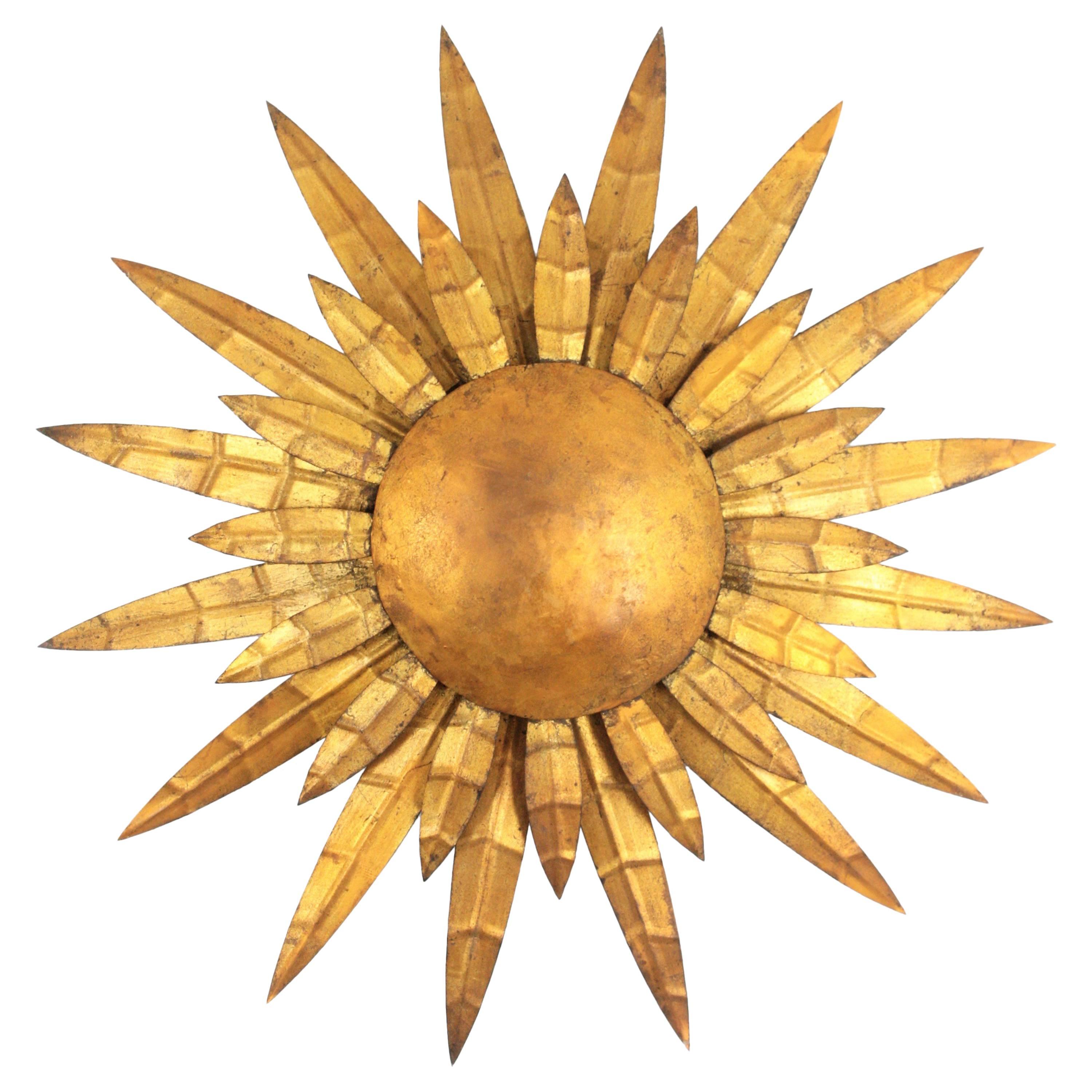 French 1950s Gilt Iron Sunburst Ceiling Sconce Wall Light or Wall Decoration
