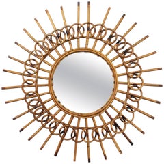 1960s French Riviera Mid-Century Modern Rattan Sunburst Mirror Framed by Circles
