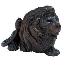 Japanese Wood sculpture Okimono of Lion