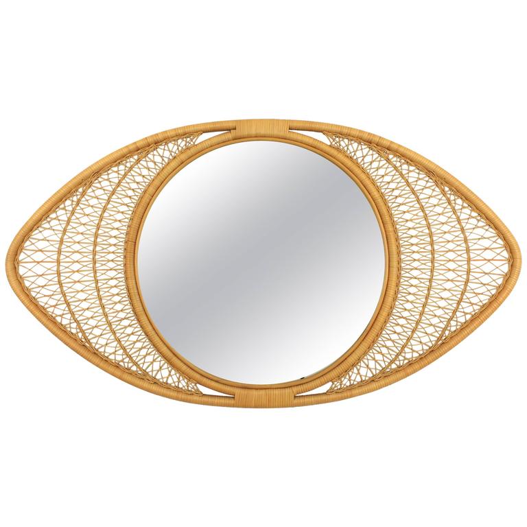Spanish 1960s Bamboo and Rattan Eye Shaped Giant Size Mirror at 1stDibs
