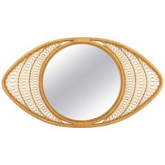 Spanish 1960s Bamboo and Rattan Eye Shaped Giant Size Mirror