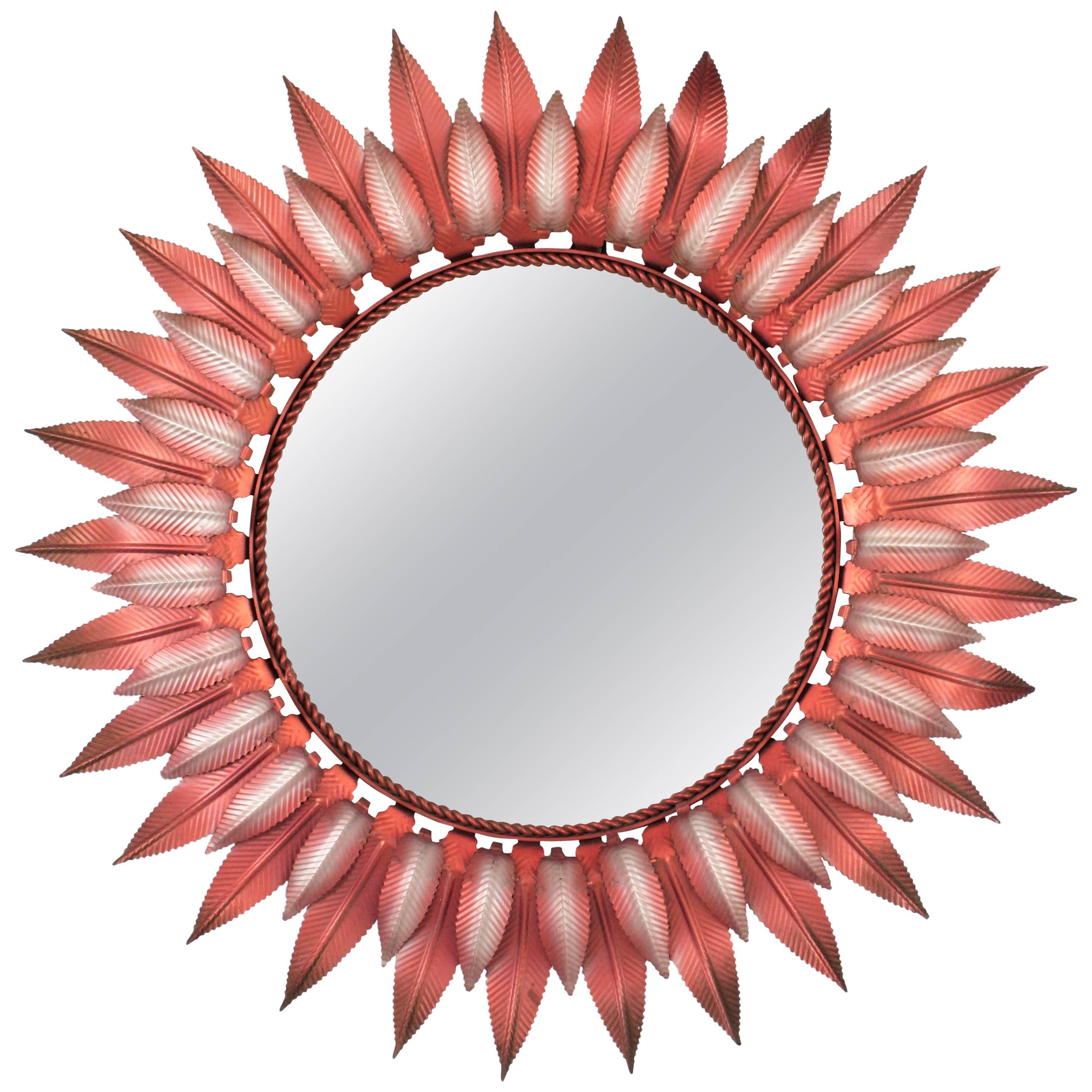 Unusual Pink and Silver Iron Double Layered Sunburst Mirror, Spain, 1960s