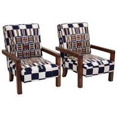 Pair of Mid-Century French Armchairs with Vintage African Textile 4