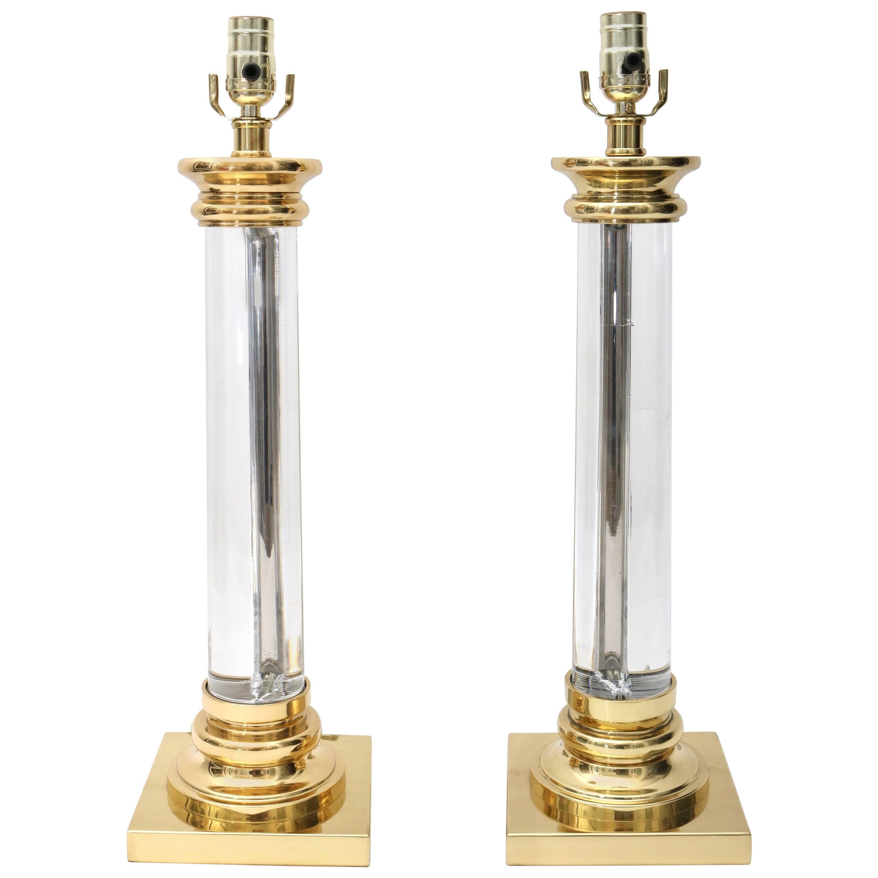 Pair of Karl Springer Style Table Lamps in Brass and Lucite