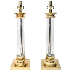 Pair of Karl Springer Style Table Lamps in Brass and Lucite 7