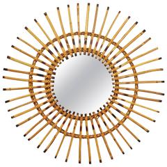 1950s French Riviera Rattan Asymmetric Sunburst Mirror with Pyrography Accents 3