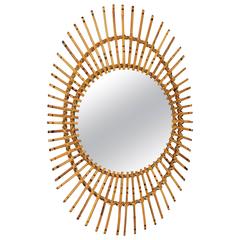 1960s, French Rattan Asymmetric Oval Sunburst Mirror 4