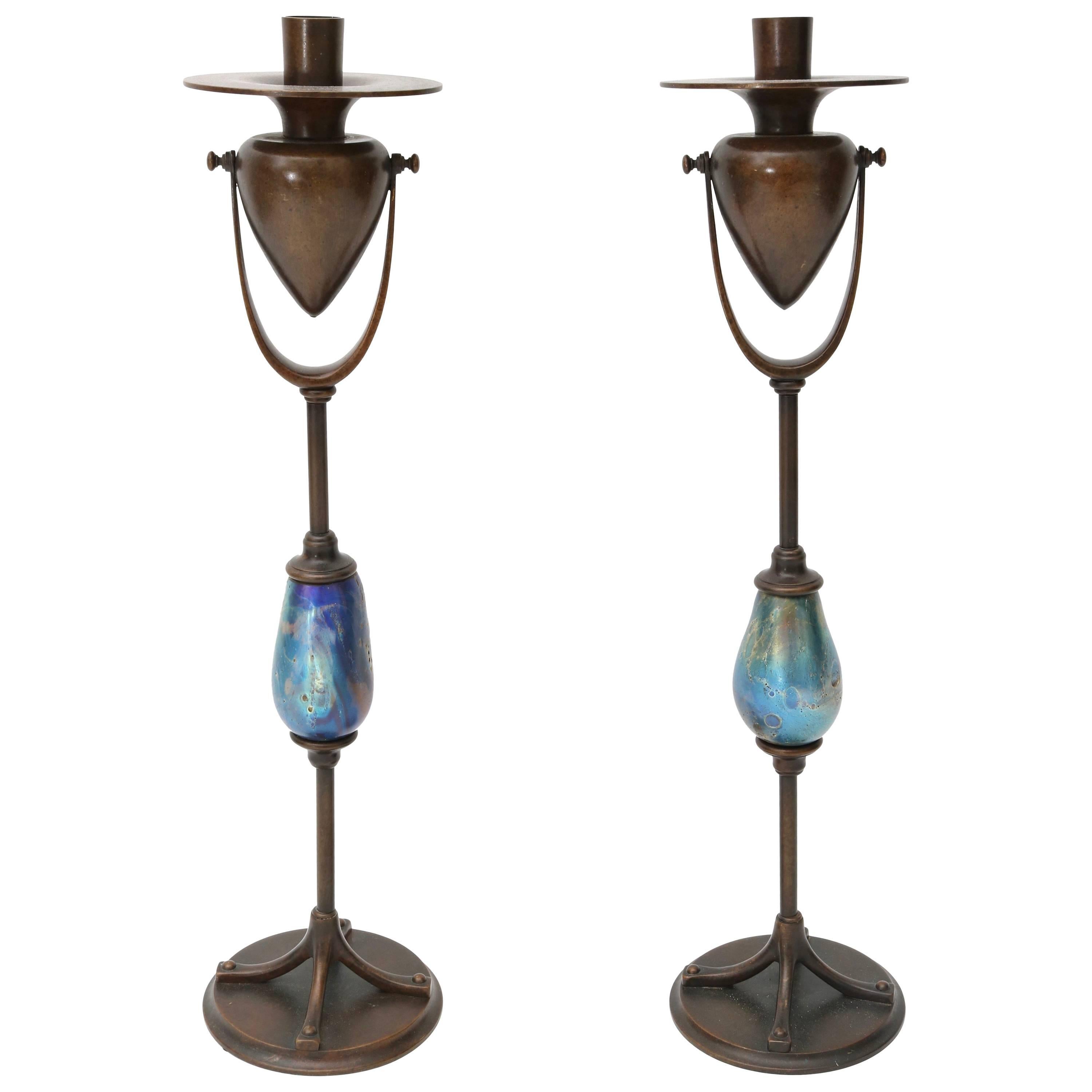Pair of Candlesticks, Louis C. Tiffany Furnaces Inc, Bronze and Favrile Glass For Sale
