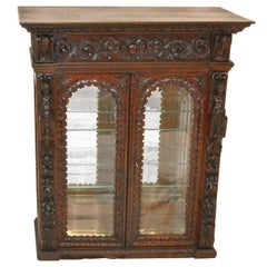 Heavily Carved Gothic Revival Oak Counter Display Cabinet, Figural Carvings
